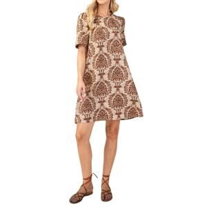 GiGio Women's Small Brown Printed Short Sleeve Round Neck Oriental Midi Dress